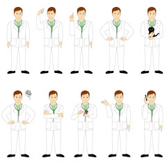 A set of male doctor, surgeon, dentist, veterinarian, white background