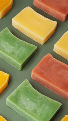 Pattern of eco-friendly natural soaps with various additives on a green background
