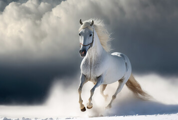 Obraz na płótnie Canvas Beautiful mustang horse running in snow, Generative AI illustration