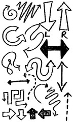 Set of arrows hand drawn vectors. Lots of different styles of arrow in all directions. Crayon like squiggly  illustrations. 