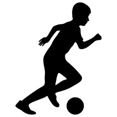 Silhouette of football player boy kicking ball, children game of soccer. Vector illustration