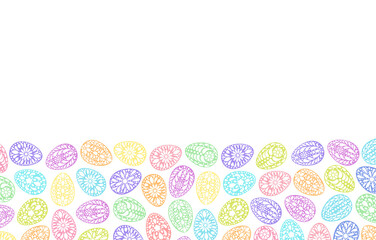 Easter eggs  background. Color painted egg. Paper cut style. Easter symbol. Egg border, banner, frame. Color gingerbread cookies. Egg hunt vector illustration. Happy Easter day backdrop. 