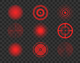 Red circles of pain isolated on transparent background. Designation of pain, symbol of pain on the body and joints.