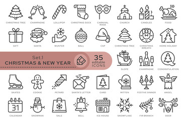 Set of conceptual icons. Vector icons in flat linear style for web sites, applications and other graphic resources. Set from the series - Christmas and New year. Editable outline icon. 