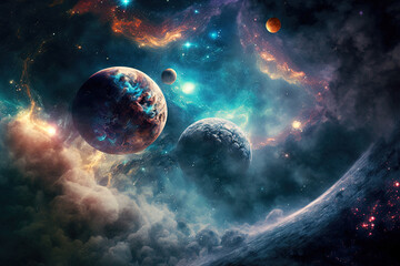 nebula in space stunning picture of space with clouds and lights planets and stars. Generative AI