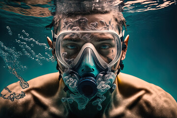 Man swimming underwater while breathing via a mask. Generative AI