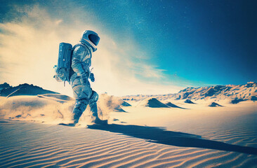 vintage cyanotype of astronaut skiing among a beach full of sand created with Generative AI technology