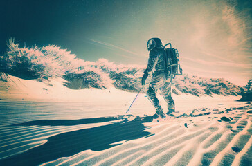 vintage cyanotype of astronaut skiing among a beach full of sand created with Generative AI technology