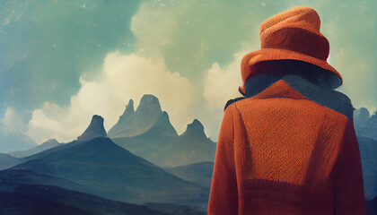 Portrait from the back of the girl traveler in an orange sweater and hat in the mountains against the background of a frozen mountain created with Generative AI technology