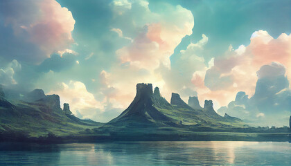 Mountain at Lake in Sunset abstract created with Generative AI technology