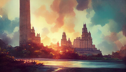 Mountain at Lake in Sunset abstract created with Generative AI technology