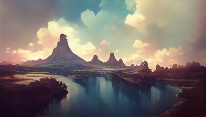 Mountain at Lake in Sunset abstract created with Generative AI technology