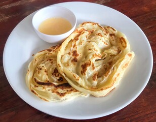 Abstract process photo of Roti canai with a cup of condensed milk as a sweet recipe in Thailand. That also calls roti prata which is an Indian flatbread dish can be cooked sweet or savoury variations