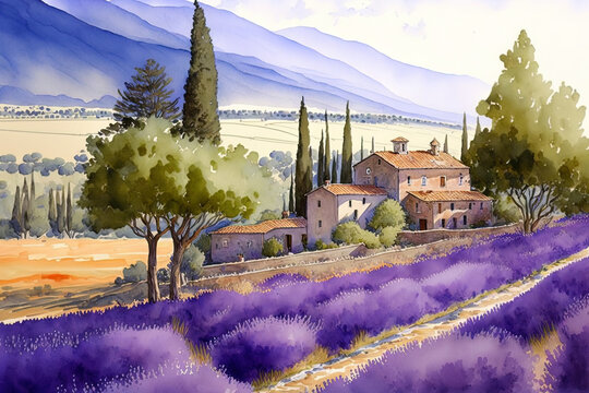watercolor painting created by hand of a stunning Italian landscape. Painting of a scene for a print with a building, home, lavender fields, farm house, agricultural area, trees, hill, and mountain