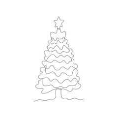 Continuous one line drawing of Christmas tree with decorations. New Year concept, fir tree made of one line in modern minimalist style for holiday cards. Vector illustration