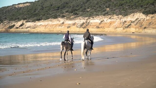 Wide handheld shot of two riders with their horses galloping along the beach with calm waves overlooking the landscape