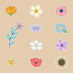 Diversity flowers stickers collection Flower heads Decorative hand drawn floral set Design element for decorating and bullet journal Isolated vector illustrations