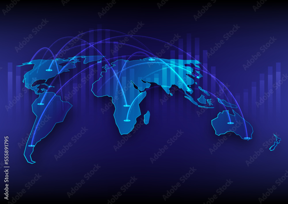 Poster abstract technology perspective map glowing blue, with curved lines and binary numbers connecting ea