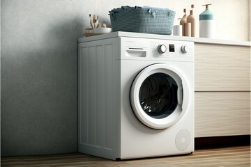AI generated, home laundry room furniture with modern washing machine - obrazy, fototapety, plakaty
