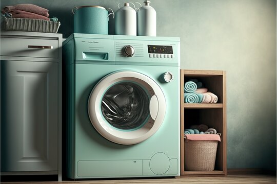 AI generated, home laundry room furniture with modern washing machine