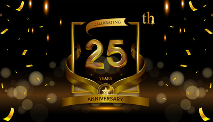 25th golden anniversary logo with gold ring and golden ribbon, vector design for birthday celebration, invitation card.