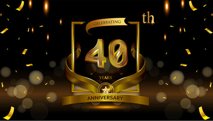 40th golden anniversary logo with gold ring and golden ribbon, vector design for birthday celebration, invitation card.