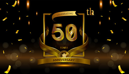 50th golden anniversary logo with gold ring and golden ribbon, vector design for birthday celebration, invitation card. - obrazy, fototapety, plakaty