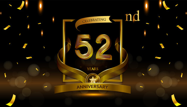 52nd golden anniversary logo with gold ring and golden ribbon, vector design for birthday celebration, invitation card.