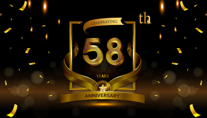 58th golden anniversary logo with gold ring and golden ribbon, vector design for birthday celebration, invitation card.