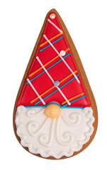 gingerbread cookie of cute fairytale gnome on white background. Traditional Christmas food. Christmas and New Year holiday concept