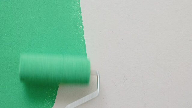 Male worker painting wall with green paint using roller. Roller spreads paint on wall. Close up of the tool. Construction, repair and renovation