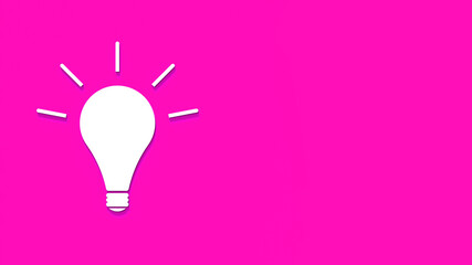 White glowing light bulb with shadow on pink background. Illustration of symbol of idea. Horizontal image. 3D image. 3D rendering.