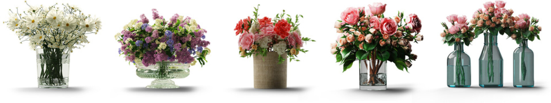 Isolated Set of Flowers in Vases with transparent backround in PNG file