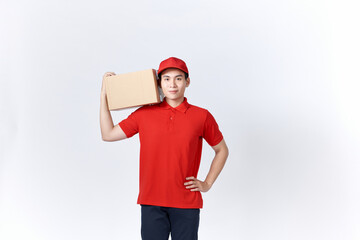 Portrait of a handsome young man holding card boxes, isolated on white