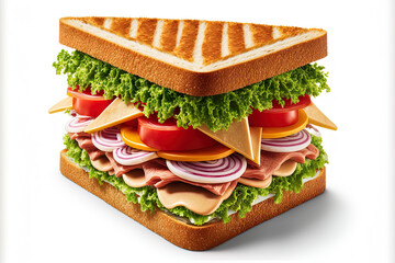 Sandwich made of toasted bread, ham, cheese, tomatoes, and lettuce. Isolated upward view on white backdrop. Generative AI