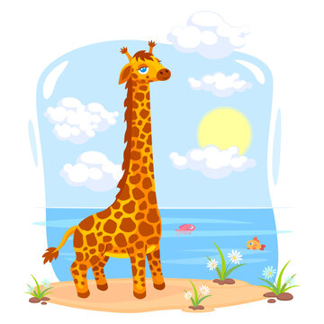 Cute giraffe by the river. Illustration with cartoon giraffe in nature. Bright cover or postcard