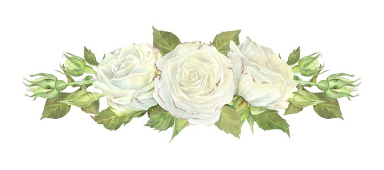 Horizontal composition of white roses, buds and leaves. Watercolor illustration. Isolated on a white background.For design of sticker, dishes, greeting card, cosmetics packaging, wedding invitation