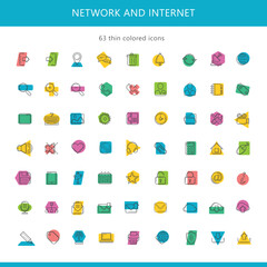 Network and internet icons colored thin lines
