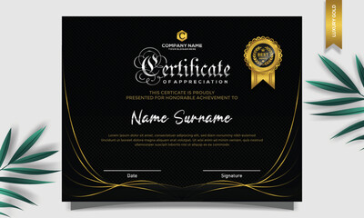 Certificate of appreciation template, gold and black color. Clean modern certificate with gold badge. Certificate border template with luxury and modern line pattern. Diploma vector template
