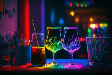 A colorful neon light cocktail bar with drinks on the table, generative ai