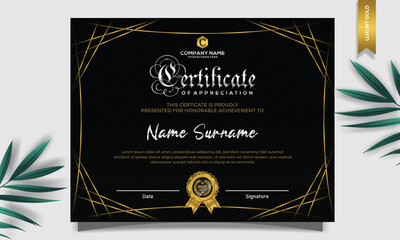 Certificate of appreciation template, gold and black color. Clean modern certificate with gold badge. Certificate border template with luxury and modern line pattern. Diploma vector template
