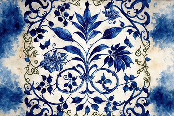 a tile in watercolor. ancient wallpaper indigo and blue. tile made of old watercolor. vibrant Azulejos textile. old fashioned illustration old Portuguese mosaic wall covering. a beautiful interior