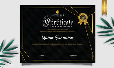 Certificate of appreciation template, gold and black color. Clean modern certificate with gold badge. Certificate border template with luxury and modern line pattern. Diploma vector template
