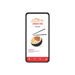 Illustration with a mobile app for Asian food delivery. Ordering food online to your home on your smartphone. Vector
