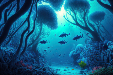 Blue idyll natural scene in the underwater realm of the ocean. Generative AI