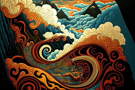 Mega Mendung, a West Javan Indonesian batik motif featuring curving lines and cloud forms, as well as diverse creative hues. Generative AI