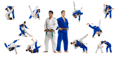 Collage of young sportive men in white and ble kimono costumes practising, training martial arts, karate isolated over white background © Lustre Art Group 