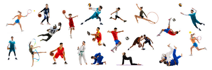 Fototapeta na wymiar Collage of sportive people, adults and children doing different sports, posing isolated over white background.