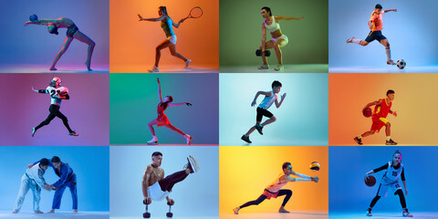 Collage made of portraits of diverse professional atheletes of different age doing various sports isolated over mulricolored background in neon. - Powered by Adobe