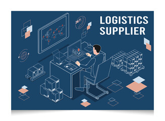 3D isometric Logistics Supplier concept with businessman working at a table with a product in a parcel box. Vector illustration eps10